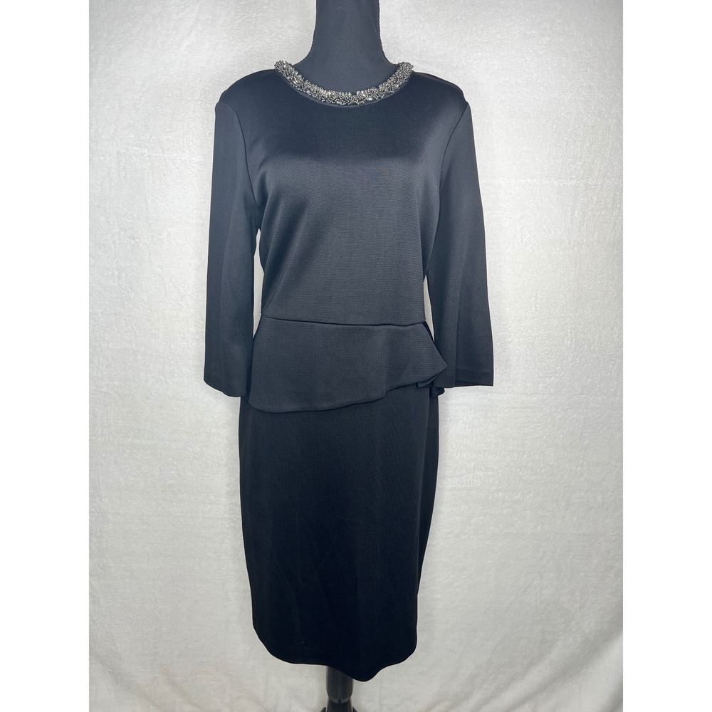 St. John Black Knit‎ Dress Size 10 Embellished Neckline Peplum Career Cocktail